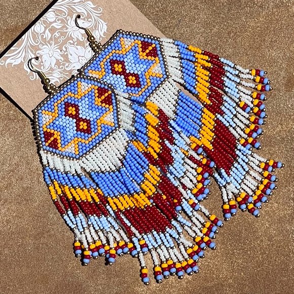 Aztec Style Artisan Beaded Earrings Southwest Long Fringe Tassel Dangle Drops - Picture 1 of 7